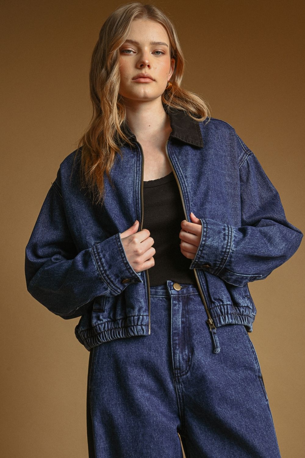 COLLAR CONTRAST ZIPPER FRONT BOMBER DENIM JACKET