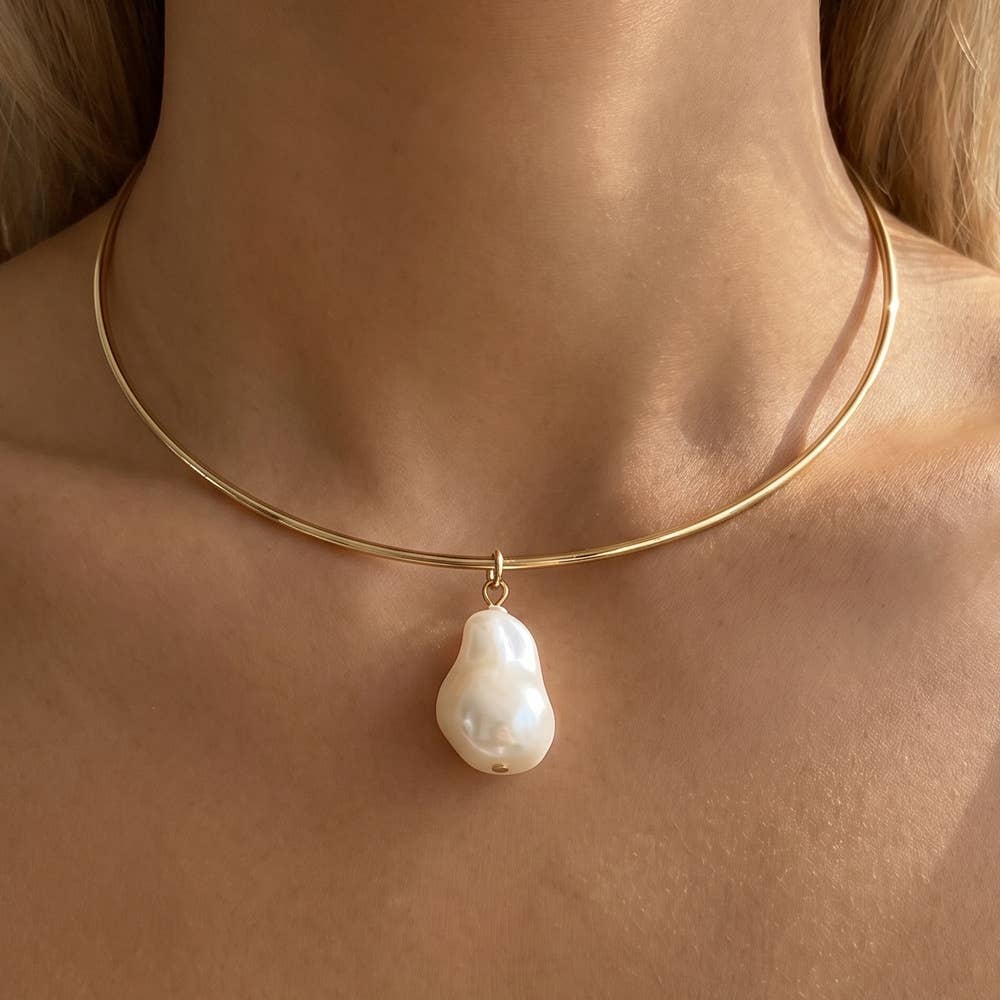 Baroque Pearl Drop Omega Wire Rigid Collar Necklace
