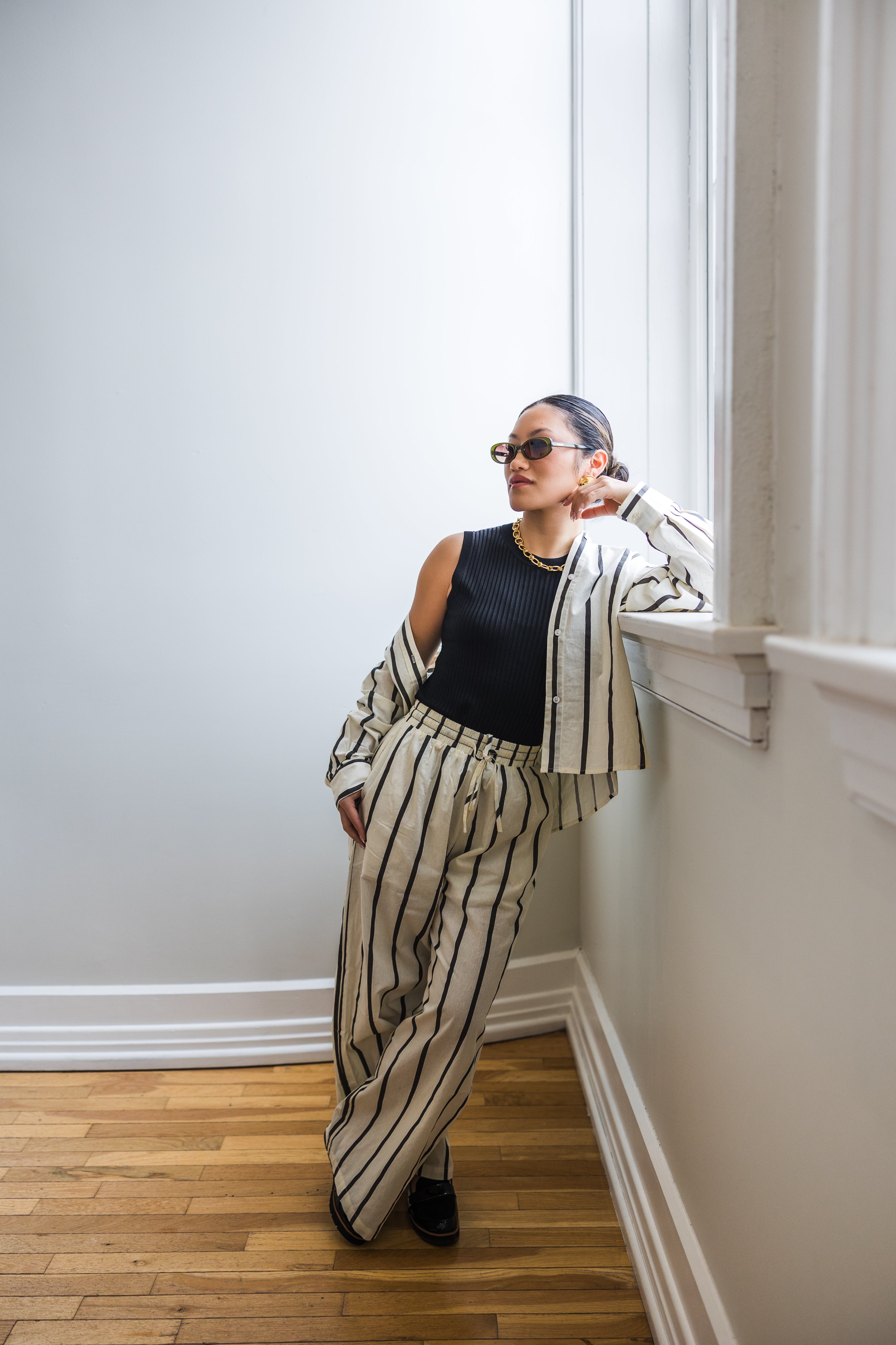 Stripe Straight Legs Pants With Elastic Band