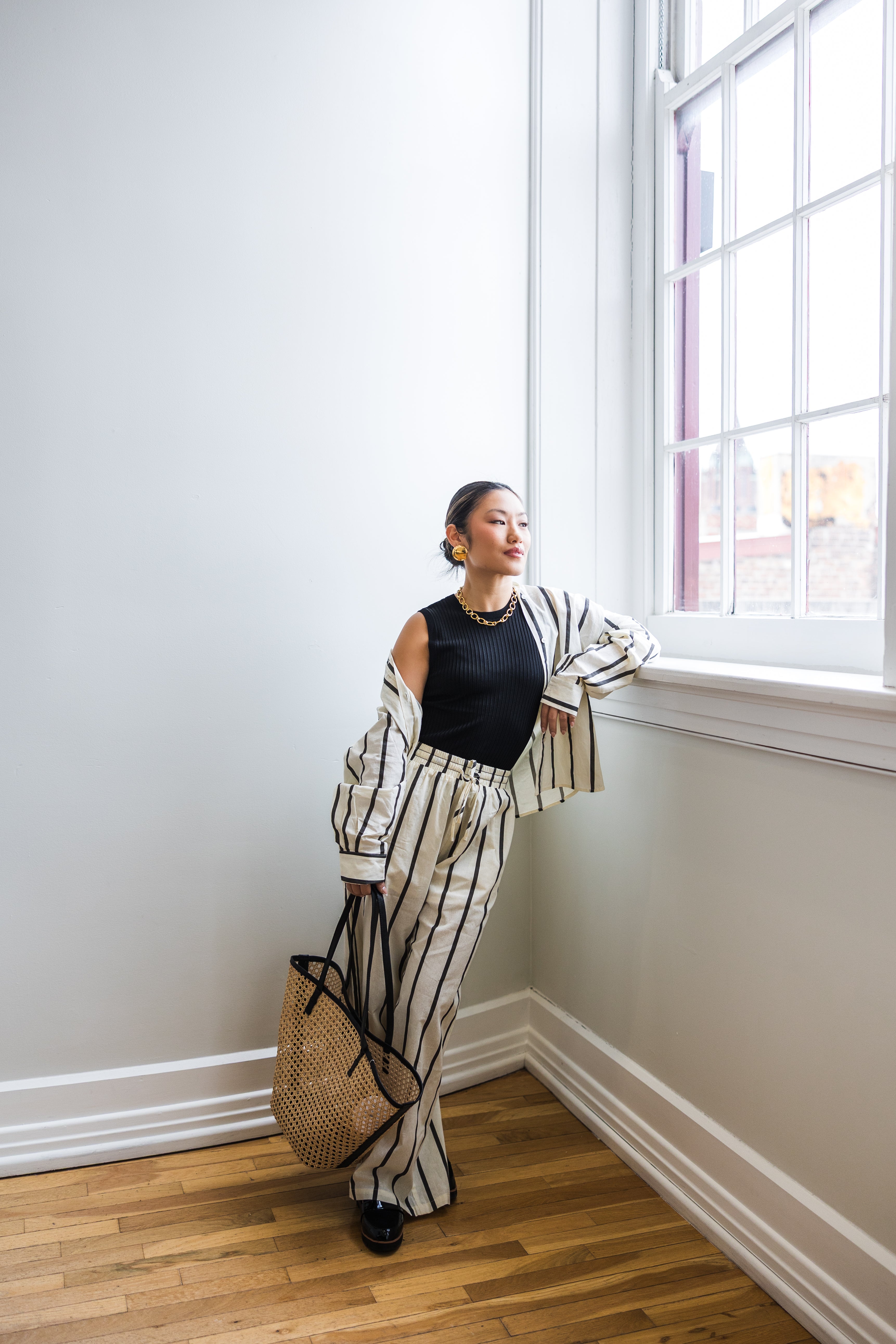 Stripe Straight Legs Pants With Elastic Band