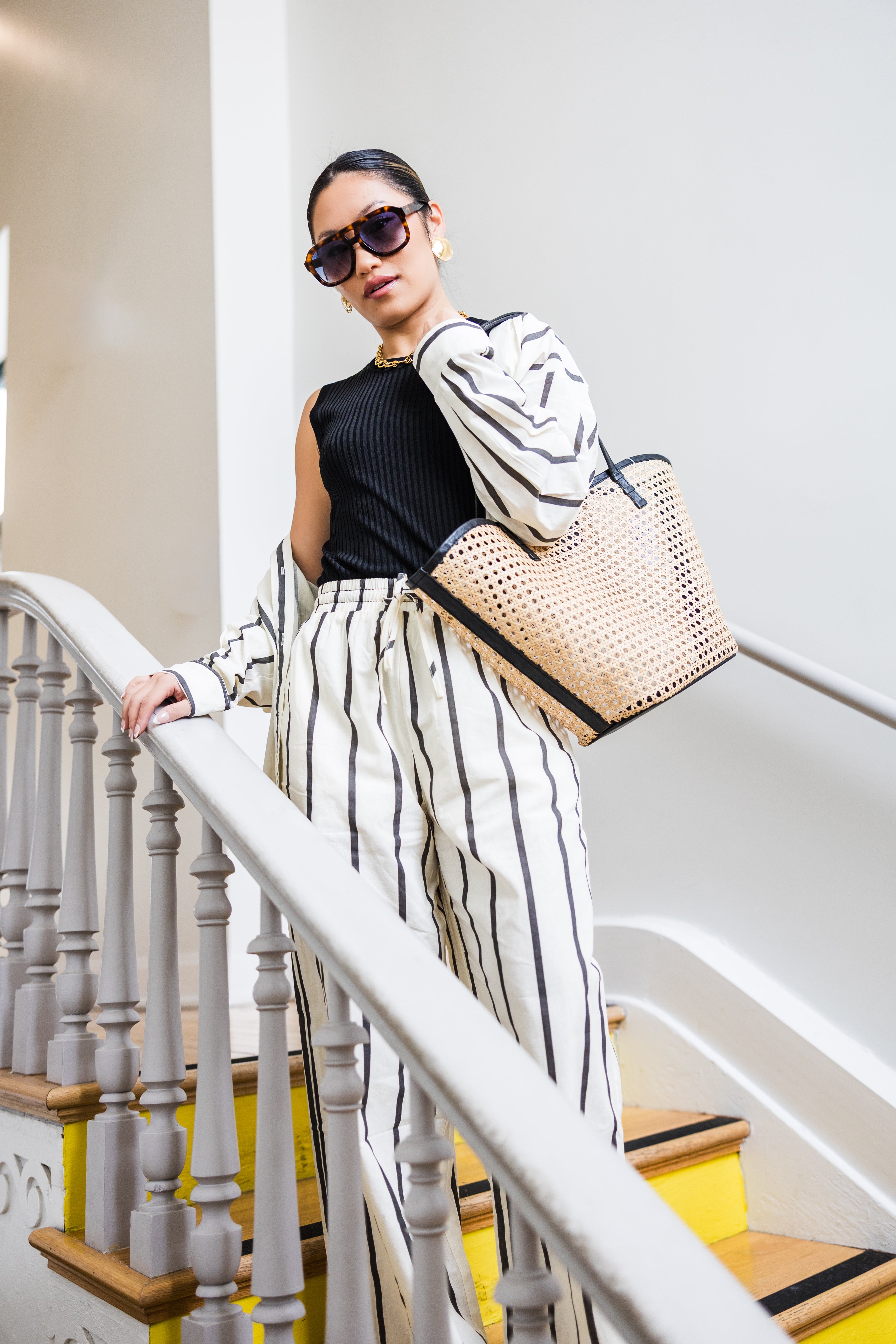 Stripe Straight Legs Pants With Elastic Band