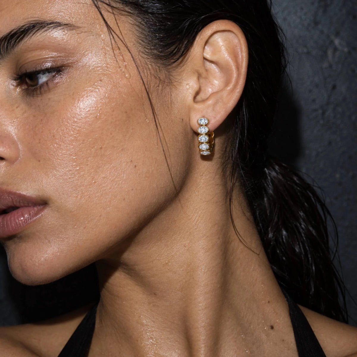 Cher Oval Bezel Mini Hoop Earring