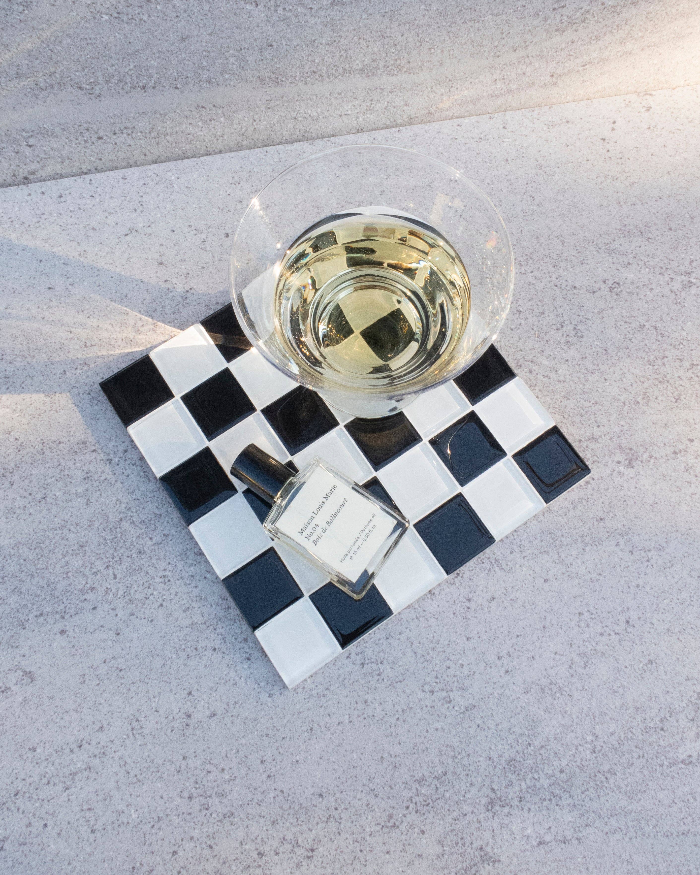 GLASS TILE DECORATIVE TRAY - Black & White Checkered