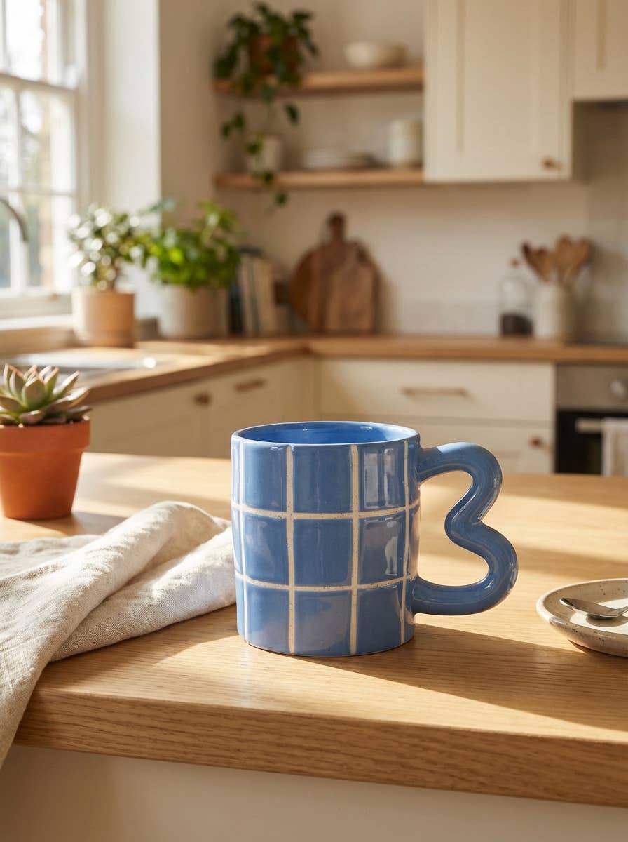 Blue Grid Ceramic Mug with Curved Handle