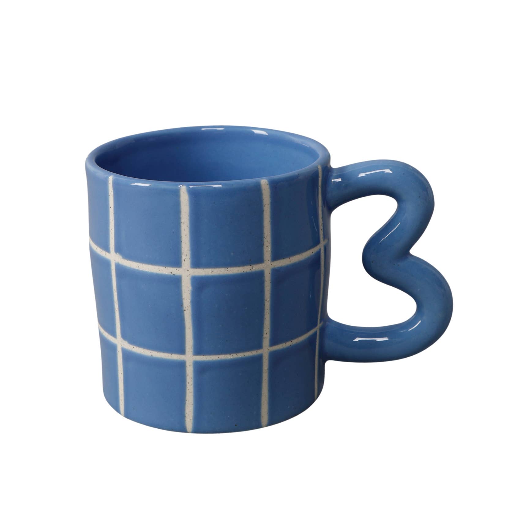 Blue Grid Ceramic Mug with Curved Handle