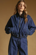 COLLAR CONTRAST ZIPPER FRONT BOMBER DENIM JACKET